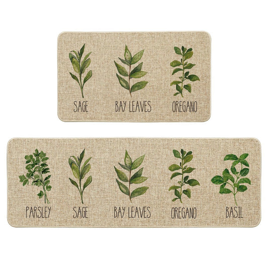 Artoid Mode Parsley Sage Oregano Basil Bay Leaves Decorative Kitchen Mats Set of 2, Seasonal Holiday Party Low-Profile Floor Mat for Home Kitchen - 17x29 and 17x47 Inch