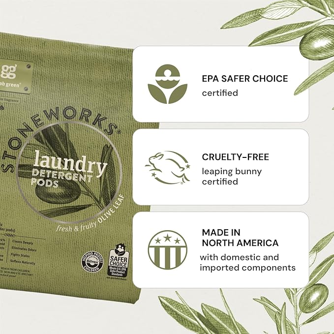 Grab Green Stoneworks Laundry Detergent Pods, Olive Leaf, 50 Loads (Pack of 1) - EPA Safer Choice Certified, Powered by Naturally Derived Plant & Mineral-Based Powder