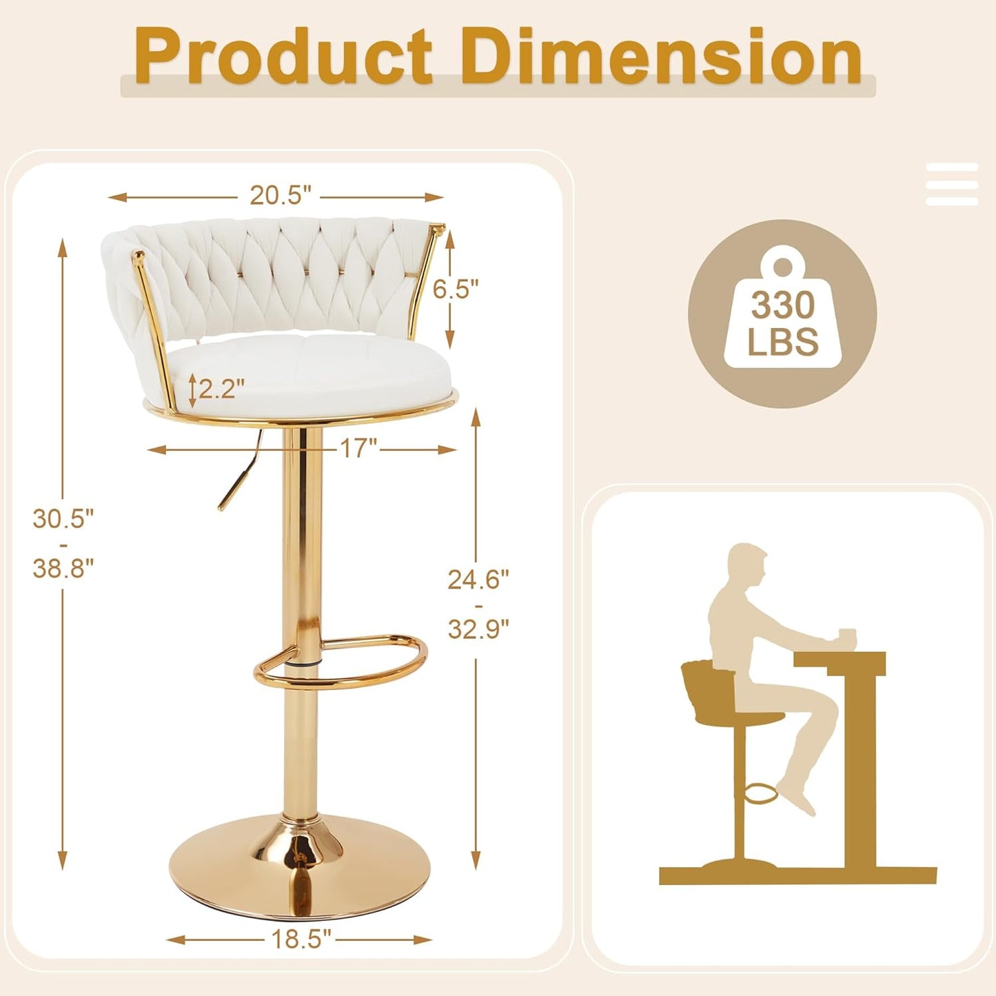 VECELO Bar Stools Set of 4, Modern Luxury Velvet Woven Counter Height Stools with Back and Arm, Gold Metal Leg & Base, 360 Swivel Bar Chair for Pubs Dining Room, White