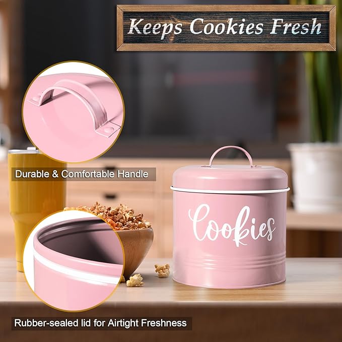 Pink Cookie Jar for Kitchen Counter, 1 Gallon Vintage Cookie Jar with Airtight Lid, Large Food Storage Container for Candy, Cookies, Dessert, Farmhouse Kitchen Decor and Accessories
