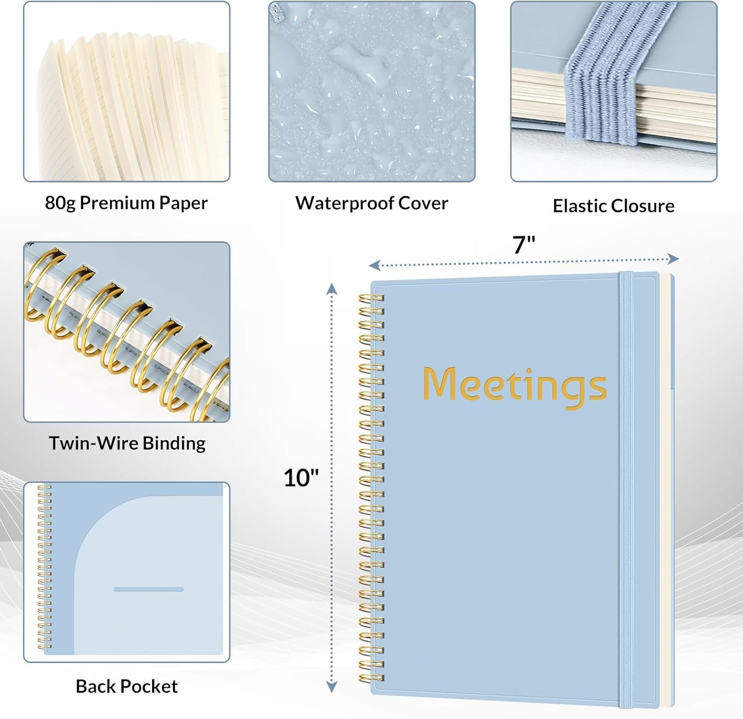 SUNEE Half Meeting Half Note 7"x10" Notebook for Work – 140 Pages, B5 Size Project Planner for Women&Men, Minutes Organizer for Meeting Notes, Ideas for Office/Business, PVC Waterproof Cover, Blue