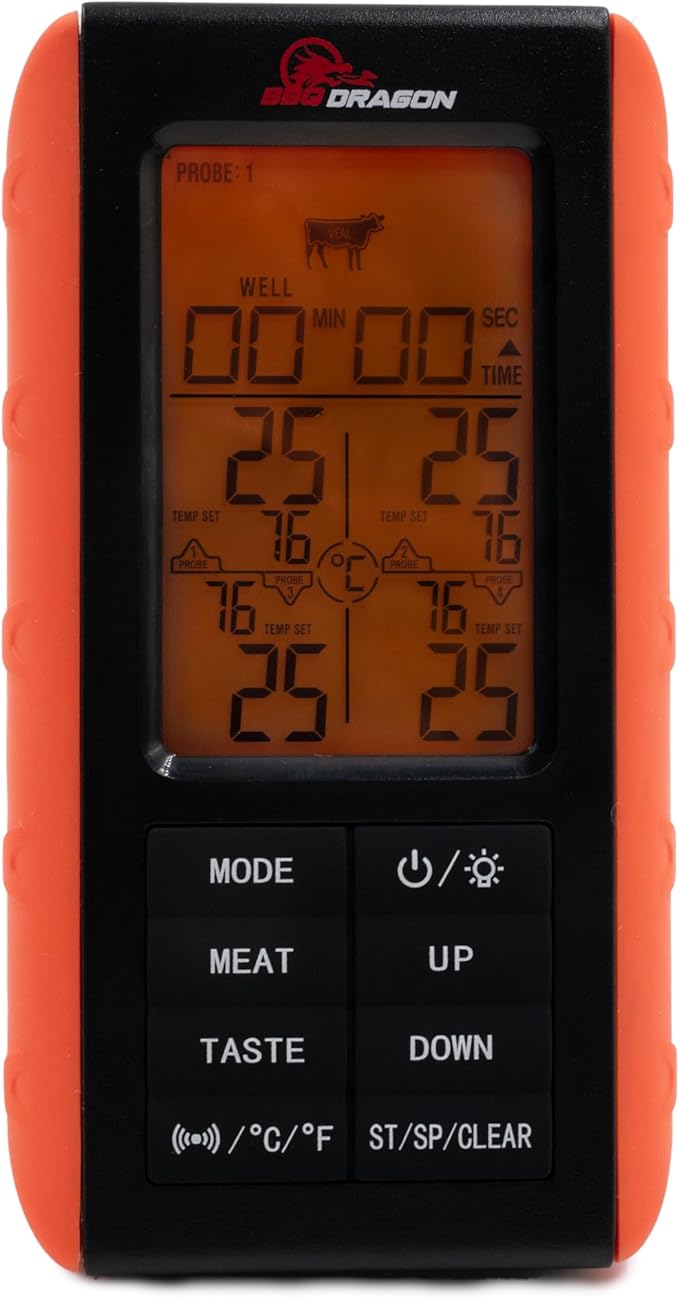 BBQ Dragon Wireless Digital Instant Read Thermometer - Food Thermometer for Cooking – Oven Safe Kitchen with 4 Probes - Meat thermometers for Smokers.