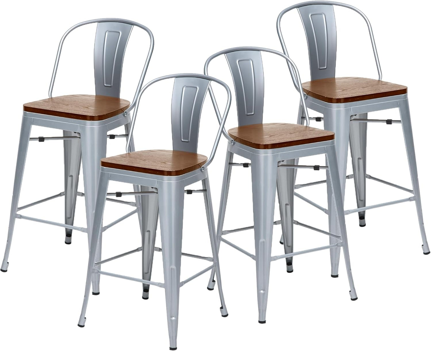 Changjie Furniture 30 Inches Metal Barstools Set of 4 Counter Height Bar Stools Industrial Stools with Backs High Back Chairs for Kitchen Island (30 Inch, Silver)