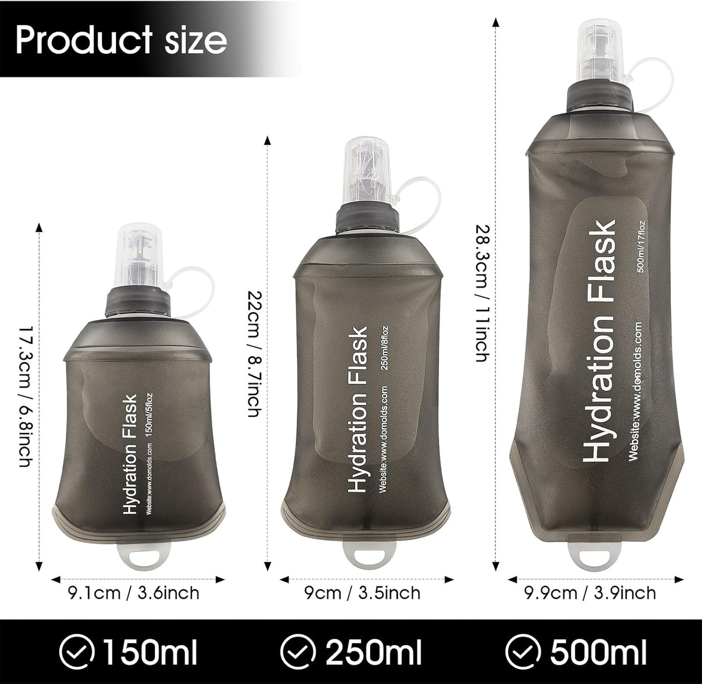 GYGYL Soft Flask, TPU Collapsible Soft Water Bottle for Hydration Pack, Running Vest, Leak-Proof Folding Water Bottle for Hiking Cycling Climbing Jogging-500ml Grey