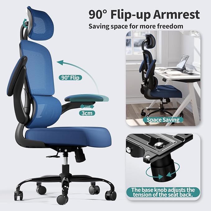 TRALT Office Chair Ergonomic Desk Chair, 330 LBS Home Mesh Office Desk Chairs with Wheels, Comfortable Gaming Chair, High Back Office Chair for Long Hours (Dark Blue)