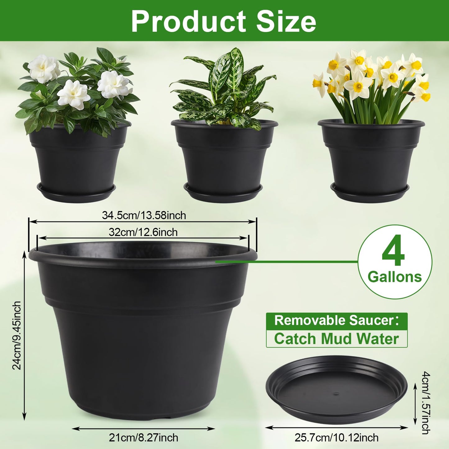 Myfeegoin 13-inch-Plant-Pots, 4 Pack Large Planters for Outdoor Plants, Plastic Flower Pots Indoor with Drainage Holes & Trays, Classic Garden Pot Container for House