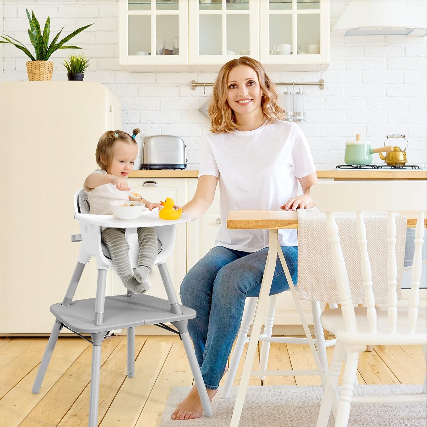 HONEY JOY 5-in-1 High Chair, Convertible Highchair for Babies and Toddlers/Kids Chair Table Set/Infant Feeding Chair w/Safety Harness, PU Leather Cushion & Removable Food Tray (Gray)