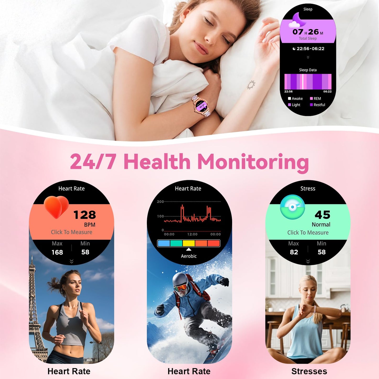 Smart Watch For Women With Make/Answer Call, 1.2 Adjustable Fitness Watch With Heart Rate Sleep Monitor Female Cycle And 100+ Sp
