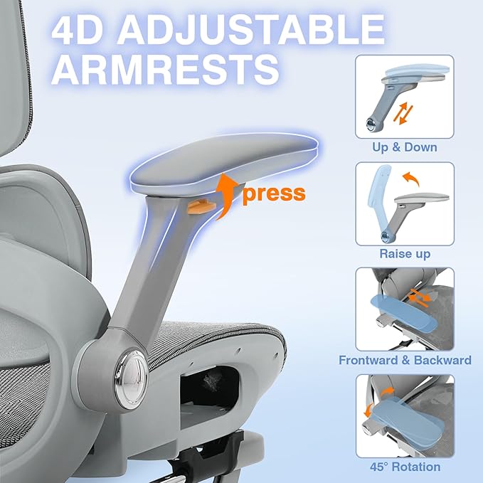 Ergonomic Mesh Office Chair with 4D Armrests, High Back Desk Chair Computer Gaming Chairs with Footrest, Adjustable 3-Zone Dynamic Lumbar Support, Ergonomic Office Chair with Wheels, Gray