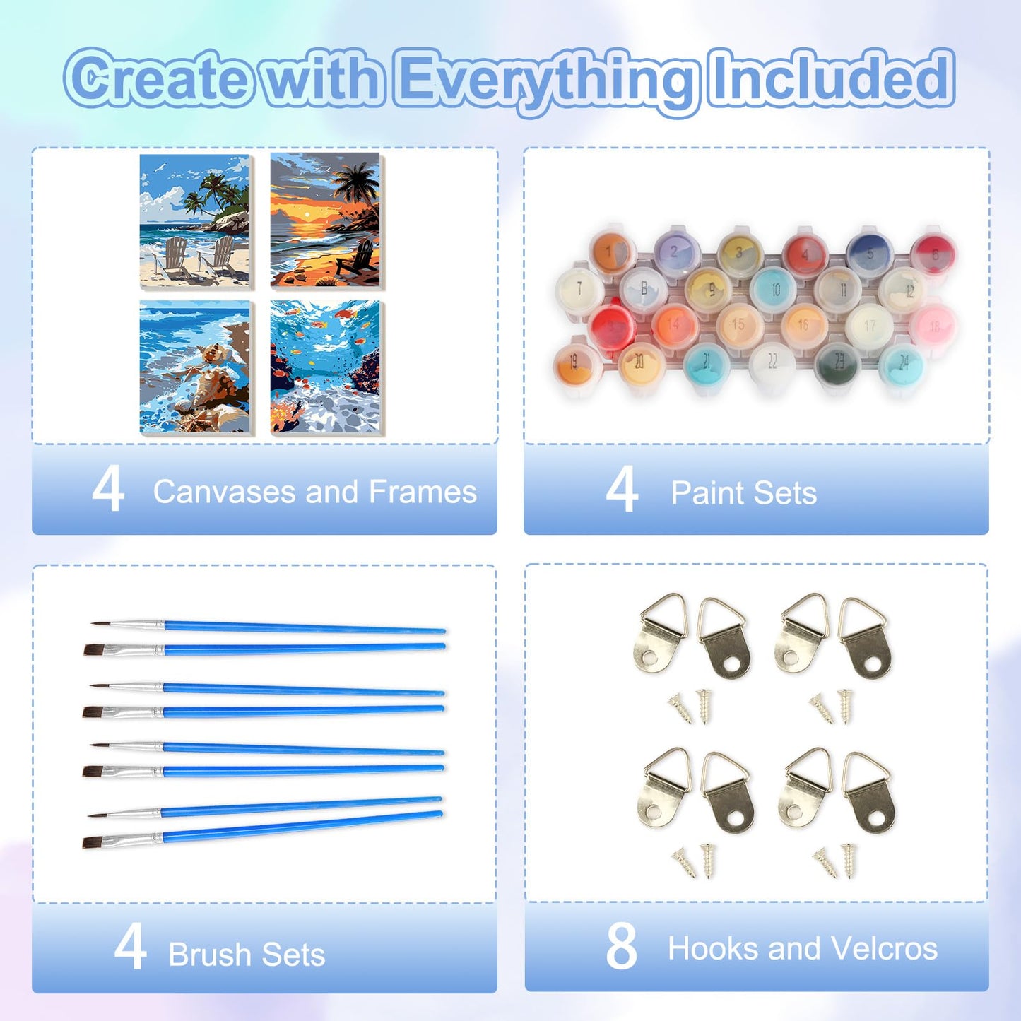 TOSTOG Seascapes 4 Pack Framed Canvas Paint by Numbers Art Kit for Adults and Kids, Beginner Acrylic Oil Painting Supplies with Wooden Frame for Home Wall Decor 20 * 25 cm/8 * 10 in