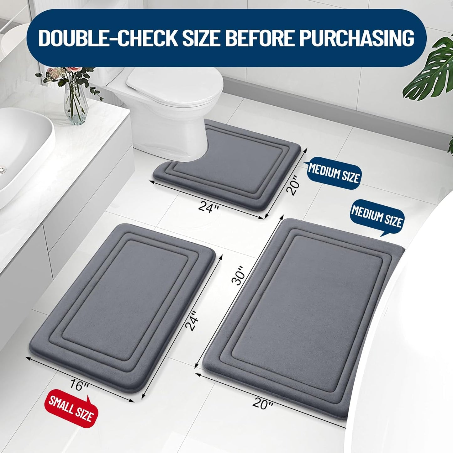 Grandaily Memory Foam Bath Mat Rug 47x24, Ultra Soft, Non-Slip and Absorbent Bathroom Rugs, Machine Wash Dry, Comfortable Bath Carpet for Bathroom Floor, Tub and Shower, Dark Grey
