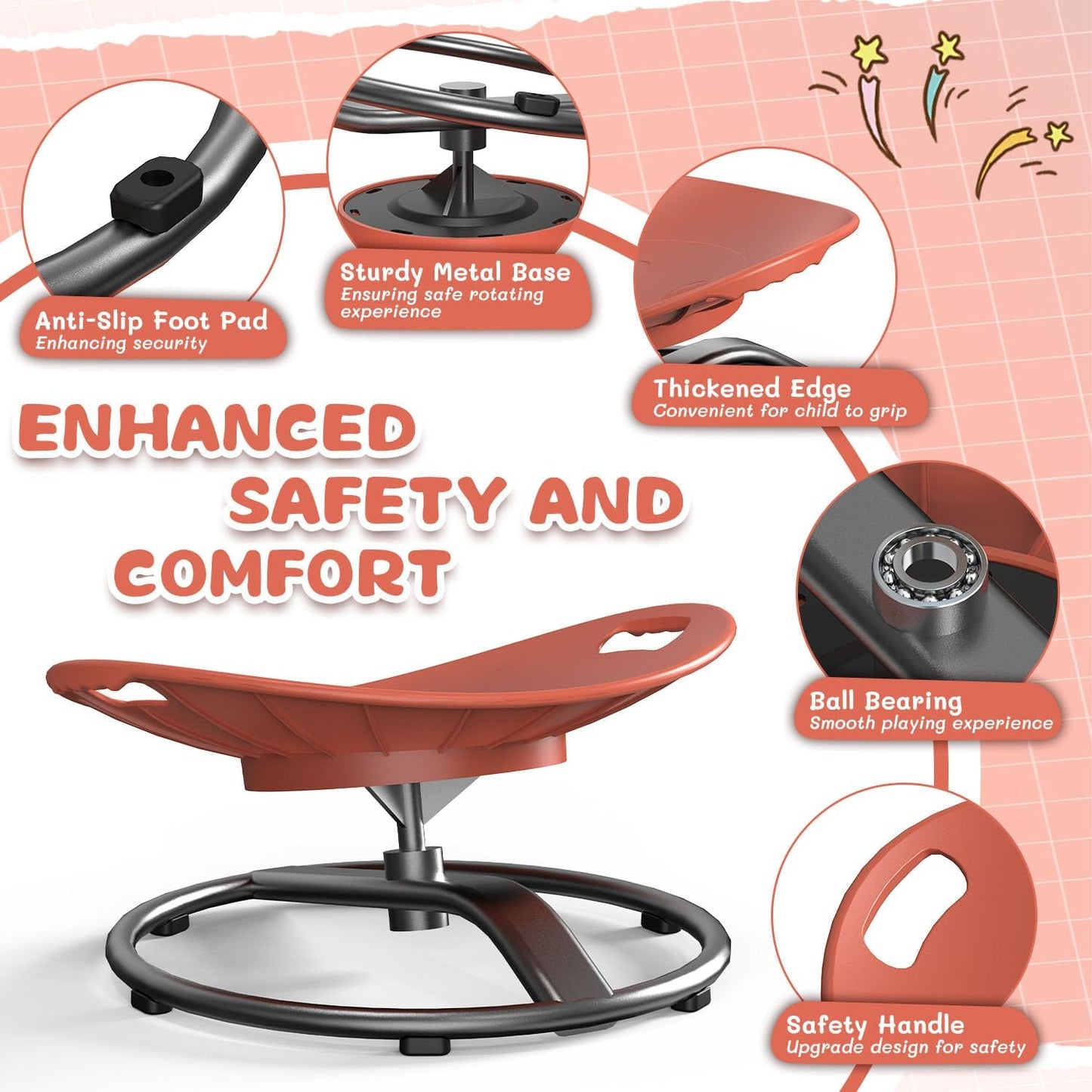 Spinning Chair for Autistic Kids - Sensory Spinning Chair for Autistic Children with Safety Handle & Non-Slip Design, Sensory Swivel Chairs for Kids 3-8 Years(Orange)