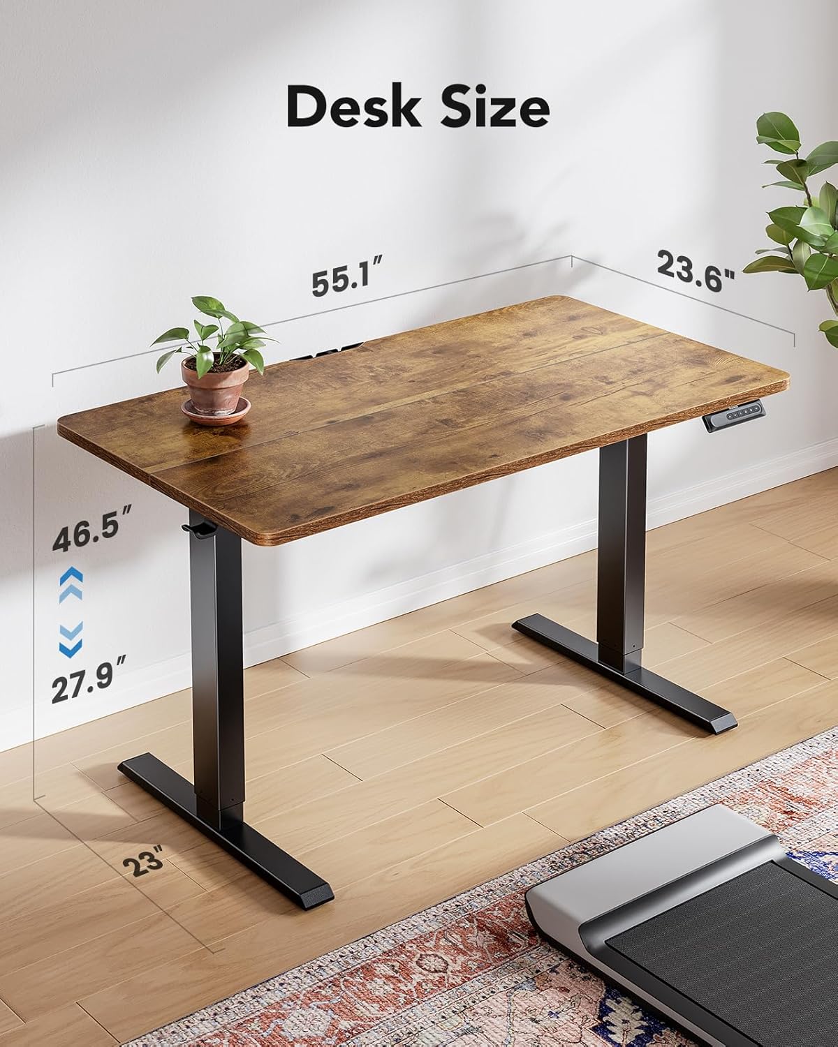 HUANUO 55" x 24" Electric Standing Desk Adjustable Height, 4 Memory Height Settings, Headphone Hook, Cable Manager, Sit Stand Up Desk for Home Office & Computer Workstation, Vintage Brown