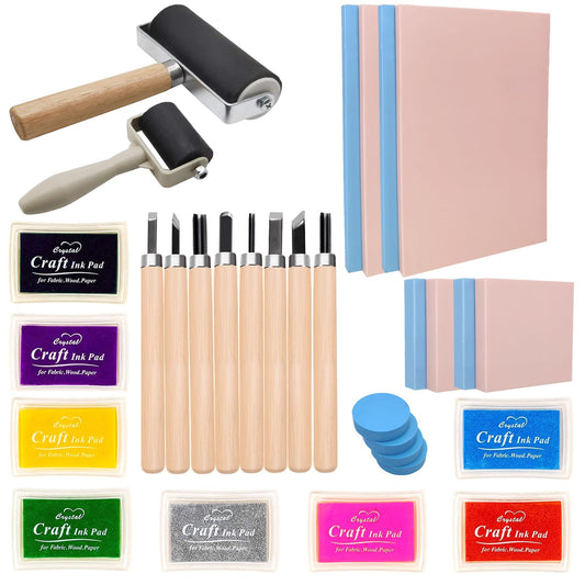 HRJZF 30PCS Rubber Block Stamp Carving Blocks with Cutter Tools and Rubber Brayer Roller for DIY Printmaking and More Crafts (Combo Pack)