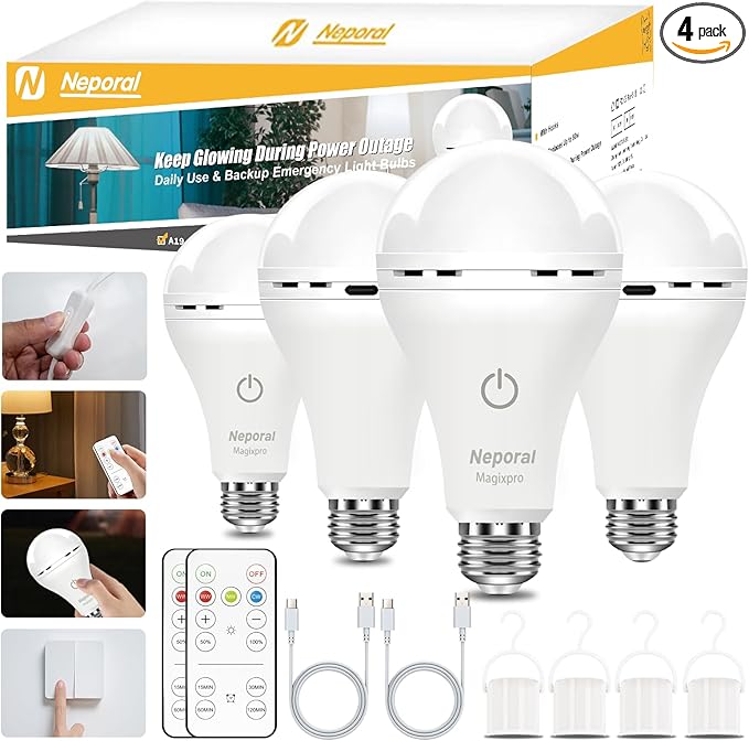 MagixPro Remote Rechargeable Light Bulbs, USB & Socket Charging, 1800mAh Battery, Dimmable LED Bulb for Hardwired & Non-wired Lamps Sconces, Touch + Remote Control, Wall Switch Compatible, 4PK