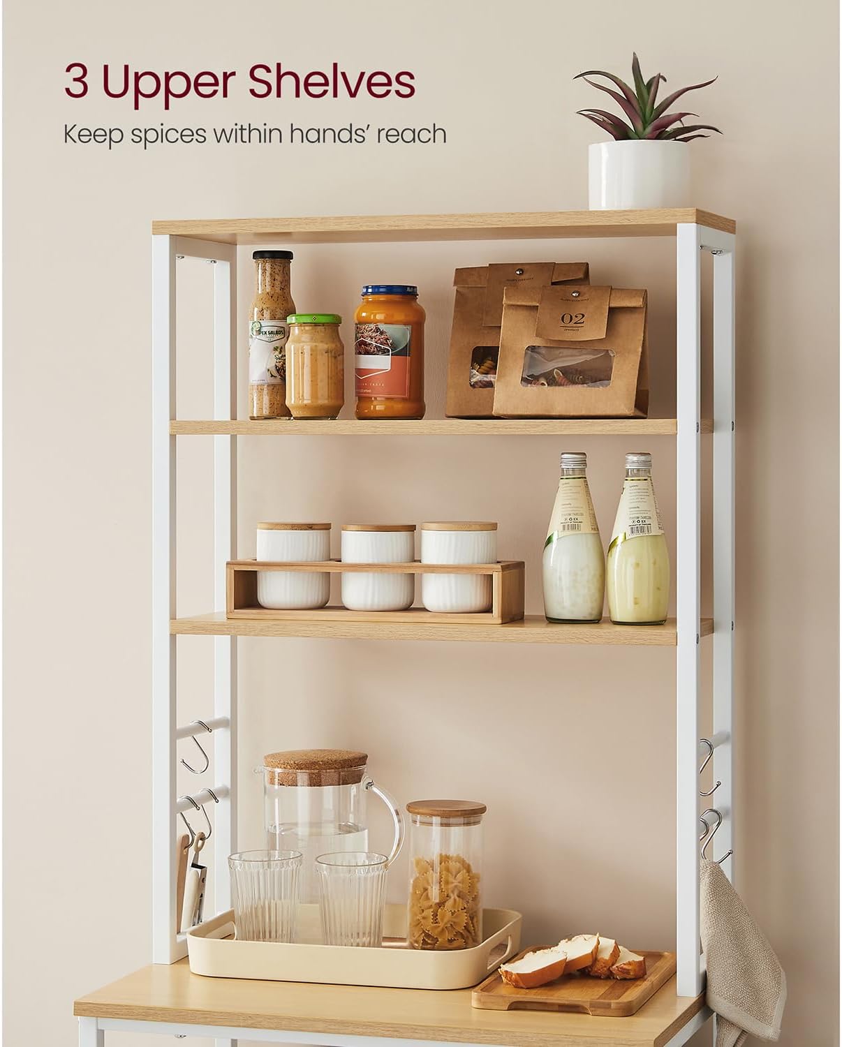 VASAGLE Coffee Bar, Baker’s Rack for Kitchen with Storage, 6-Tier Kitchen Shelves with 6 Hooks, Microwave Stand, Industrial, 15.7 x 23.6 x 65.7 Inches, Oak Color and White UKKS024W09