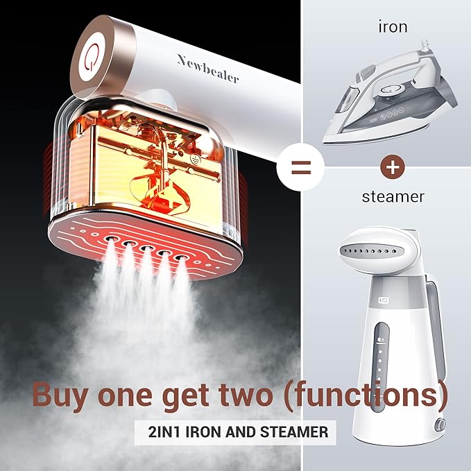 Newbealer Steamer for Clothes, 1200W Portable Steam Iron, 2 Steam Levels, Horizontal and Vertical Steaming, Dry Ironing, 15s Heat Up, Rotatable, 302°F Garment Wrinkle Remover (120V Only)
