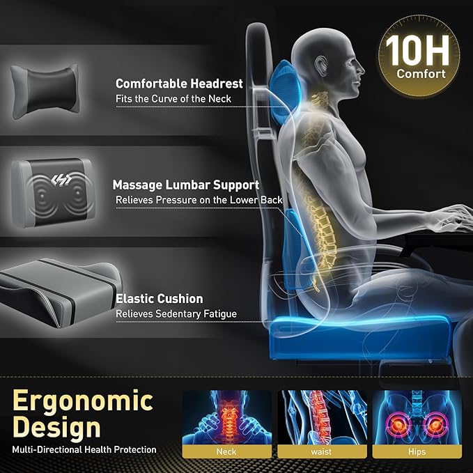 HLDIRECT Gaming Chair, Ergonomic Video Game Seat with 360° Swivel & Lumbar Massage, Computer Chair PU Leather Cushion for Adults Home/Office Use (Black & Grey)