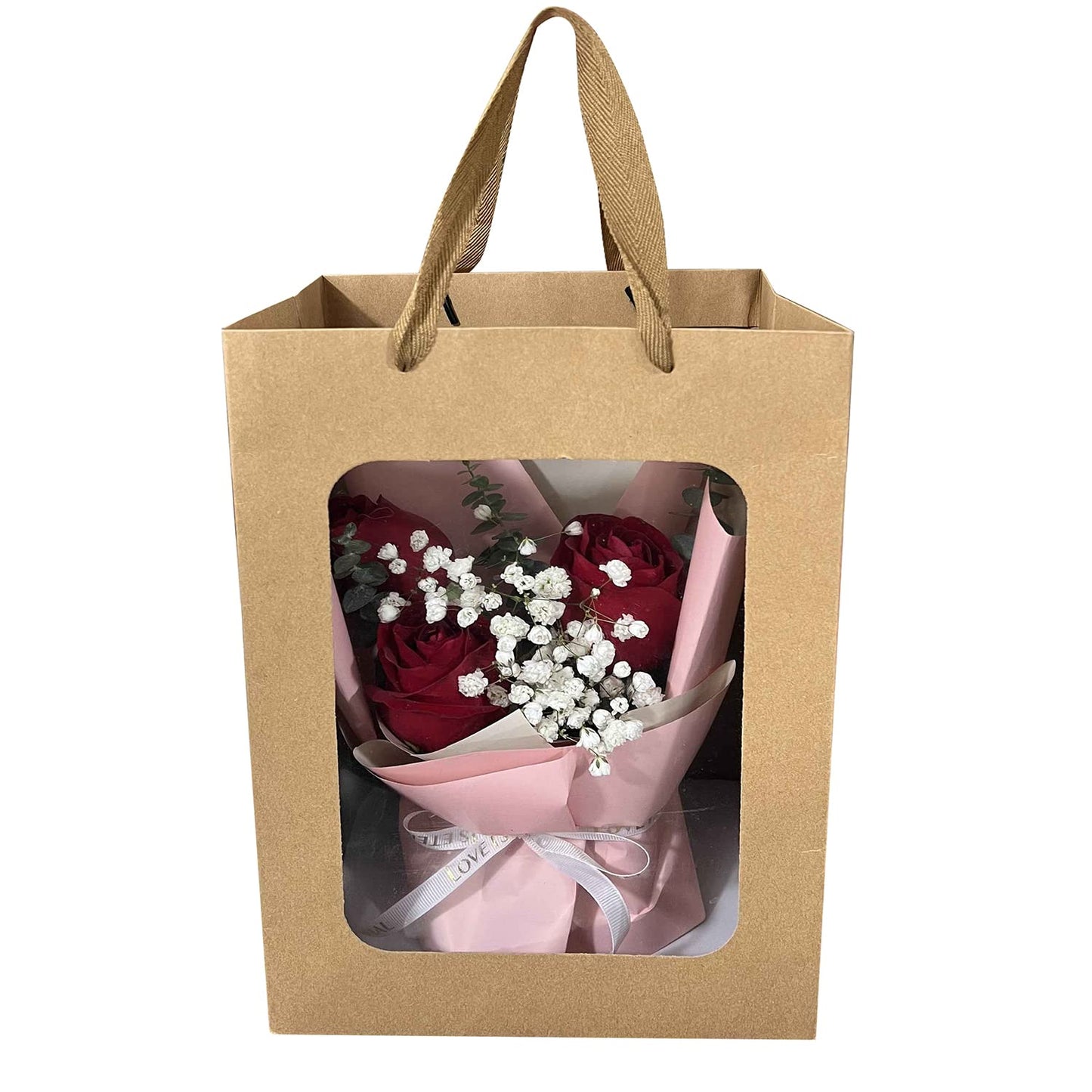 BallHull 12 Pcs Brown Paper Gift Bags with Transparent Window, 9.84"x7.0"x5.12" Kraft Shopping Bags with Handles for Bouquet Christmas Birthdays Festivals Party Weddings Wrapping