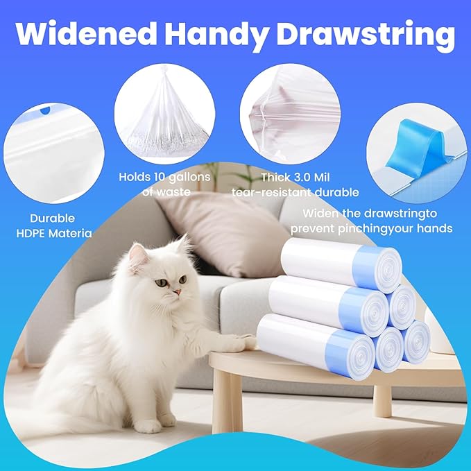 60 Pack Jumbo Cat Litter Bags - 3MIL Extra Thick Leakproof Litter Box Liners, 31"x18" Heavy Duty Drawstring Cat Litter Liners for Automatic Litter Box, Odor Control Disposable Kitty Litter Bags 6 Roll