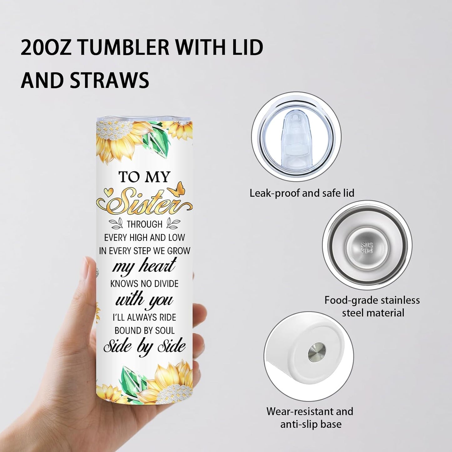 Sister Gifts - 20oz Insulated Stainless Steel Water Tumbler with Straw Lid, Leakproof, for Sister, Friendss, Travel - to My Sisters Sunflower Birthday Gifts Cup