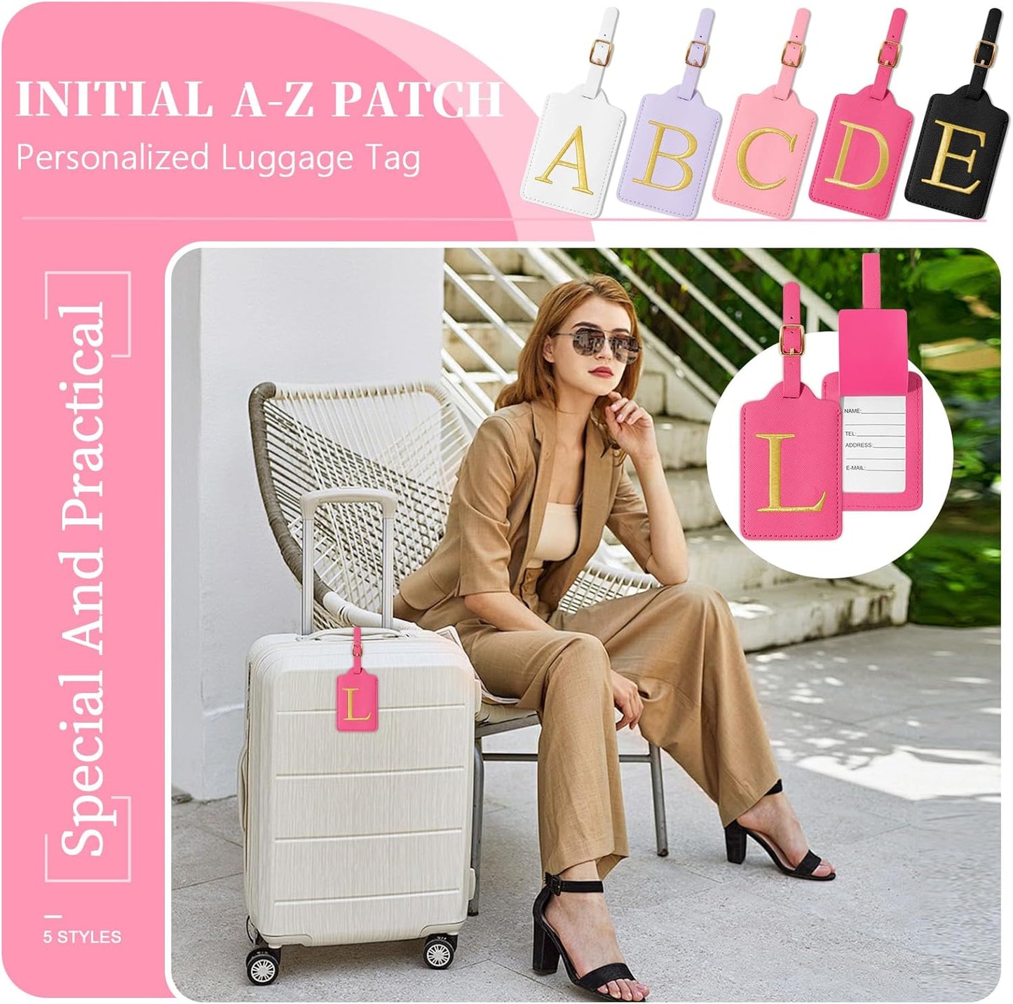 Personalized Initial Luggage Tags with Privacy Cover, Rose Red Leather, Cute Embroidered Custom Monogram Tags for Women, Kids