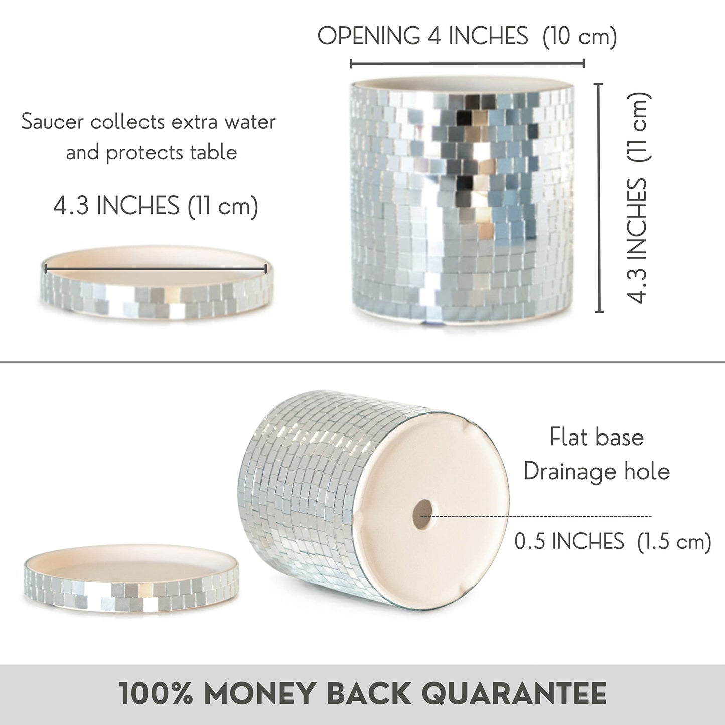 SCANDINORDICA Disco Ball Planter 6" Gold with Chain and Macrame Hanger and Disco Ball Planter Pot 4.3" with Saucer (0.3x0.3 mirror tiles)