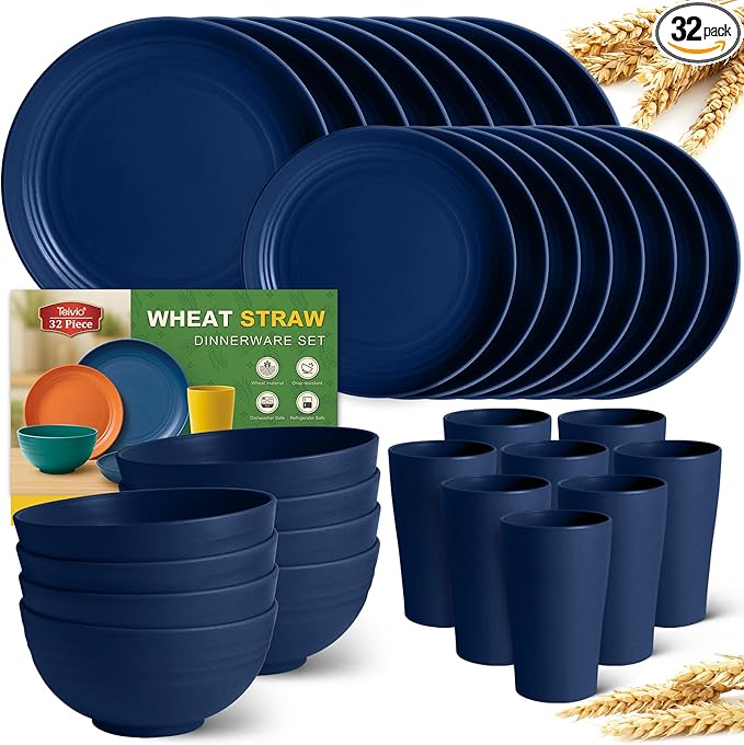 Teivio 32-Piece Kitchen Plastic Wheat Straw Dinnerware Set, Service for 8, Dinner Plates, Dessert Plate, Cereal Bowls, Cups, Unbreakable Colorful Plastic Outdoor Camping Dishes, Midnight Blue