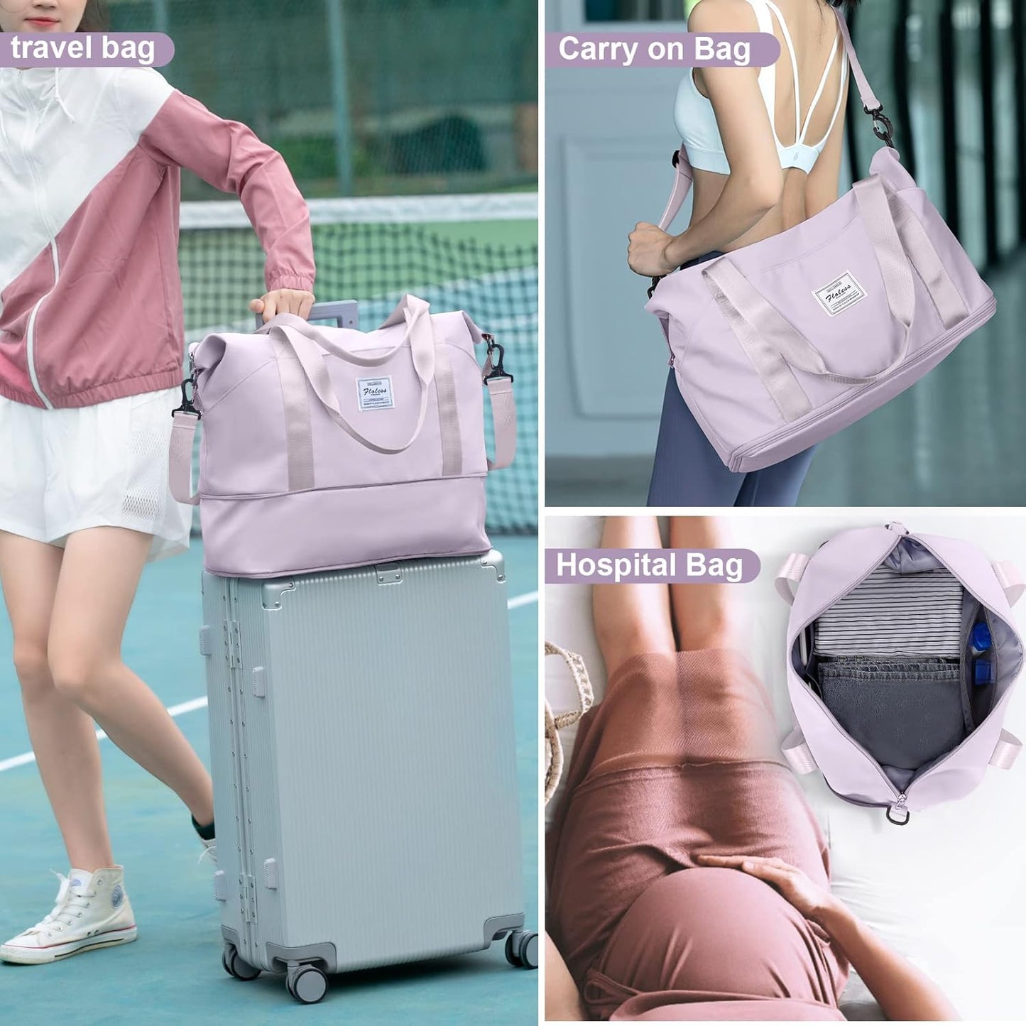 Travel Duffel Bag, Sports Tote Gym Bag, Shoulder Weekender Overnight Bag for Women