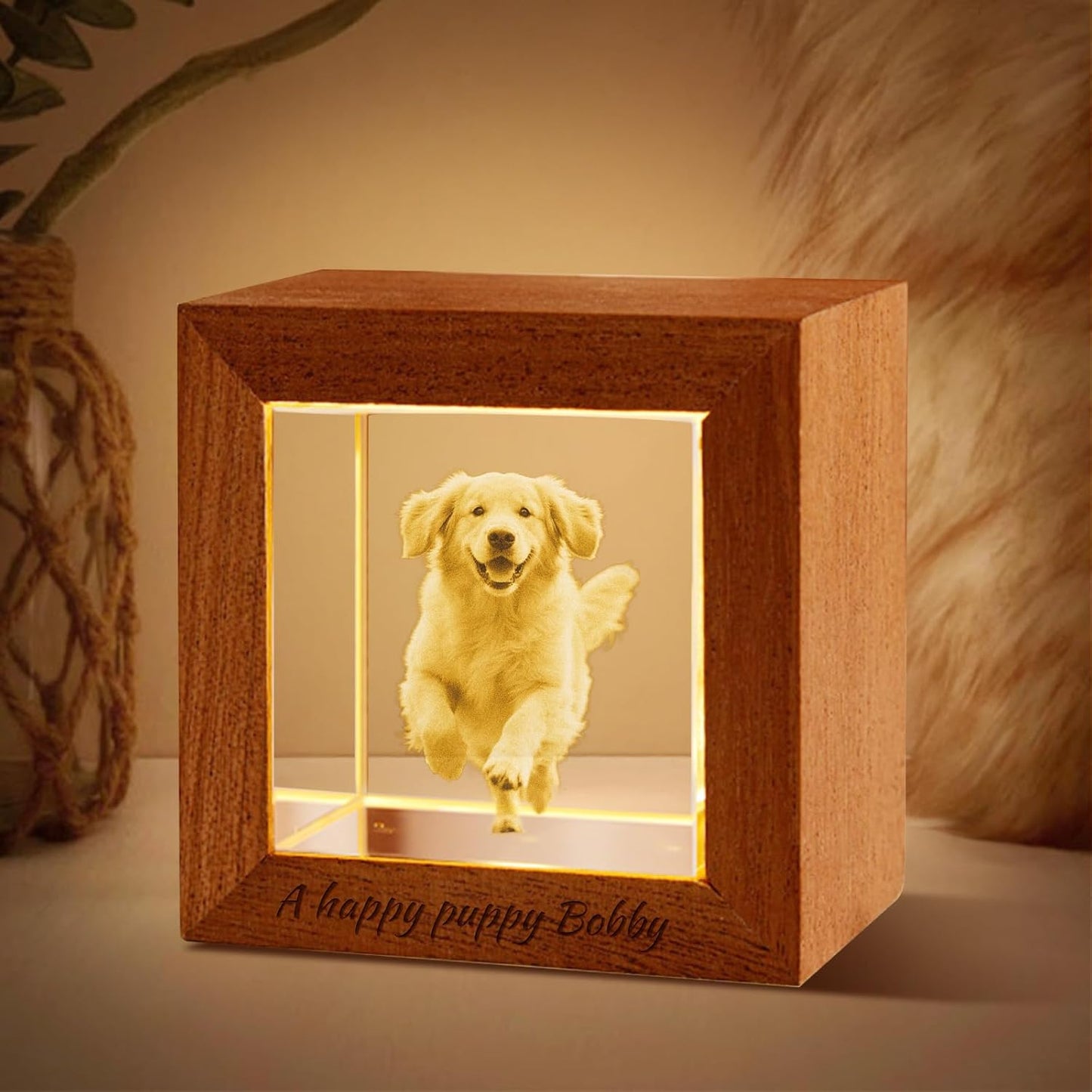 Custom 3D Crystal Photo Night Light – Personalized Glass Photo Ball with Customized 3D Picture Engraving, LED Light Wood Base, Unique Custom Gifts for Family, Pets, Birthday，Valentine's Day (Style 3)