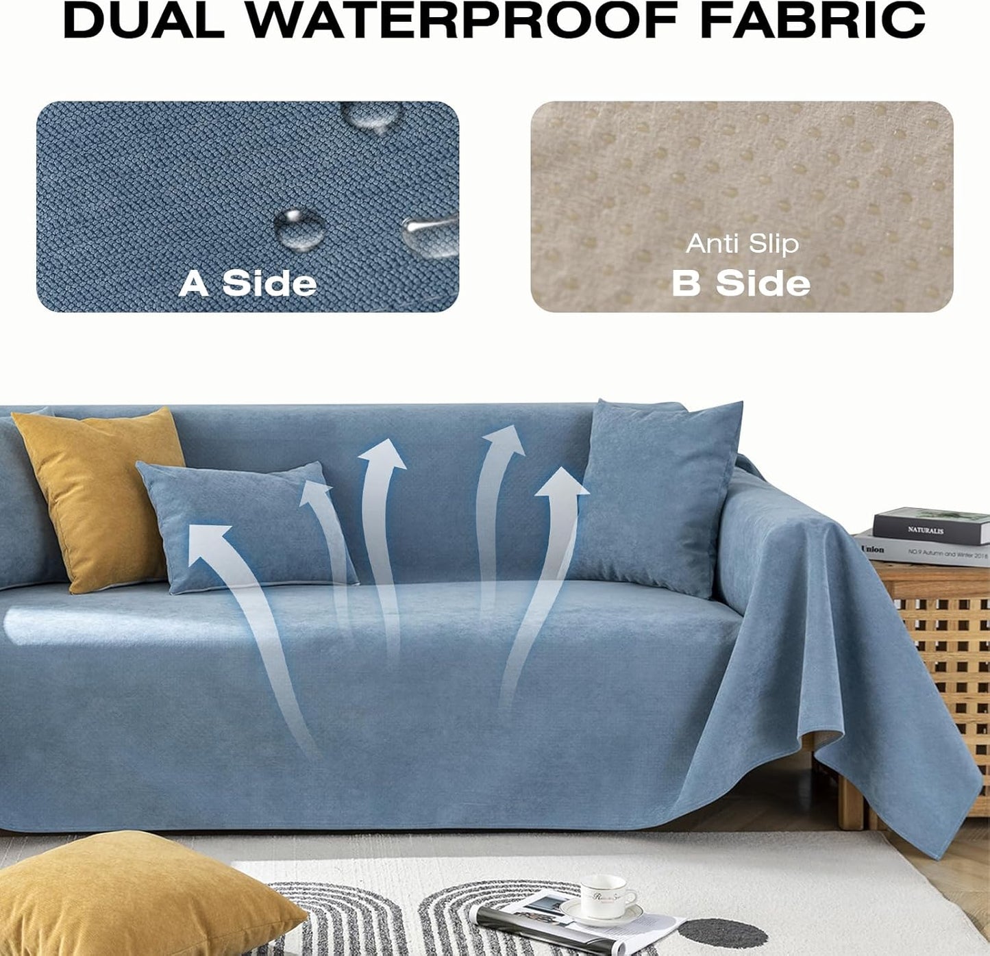 STACYPIK 100% Waterproof Blue Couch Cover for Pets, Sectional L Shape Sofa Cover for 2 Cushion Couch, Anti-Cat Scratch Furniture Protector Cover, Anti Slip Sofa Throw Cover for Dogs Kids-71x90IN