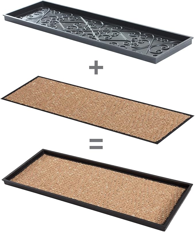 Anji Mountain Heavy Duty Waterproof Rubber Shoe Storage Mat Organizer/Boot Storage Tray Multi Use for Entryway with Coir, Tan and Khaki Insert, Fits 3 Pair (34.5" Wide)