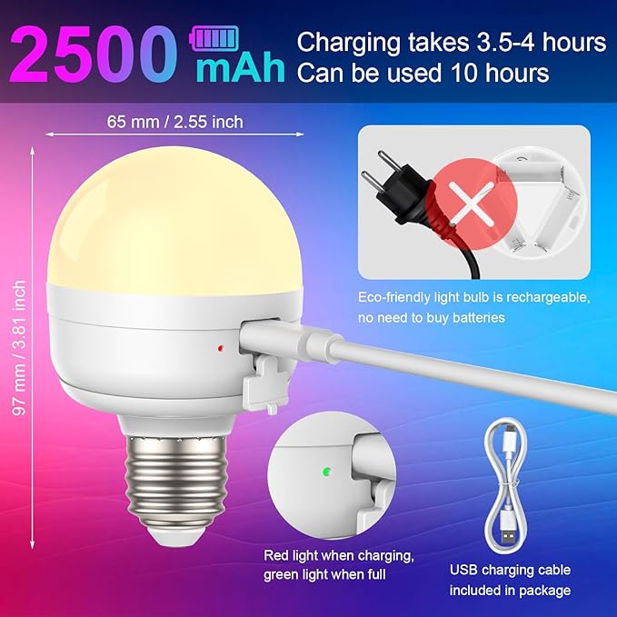 2Packs E26 Rechargeable Light Bulbs with Remote, 6W 450lm Battery Operated Magnetic Light Bulbs 2500mAh, 15 RGB Color, Timer, Dimmer for Non-Hardwired Lamp