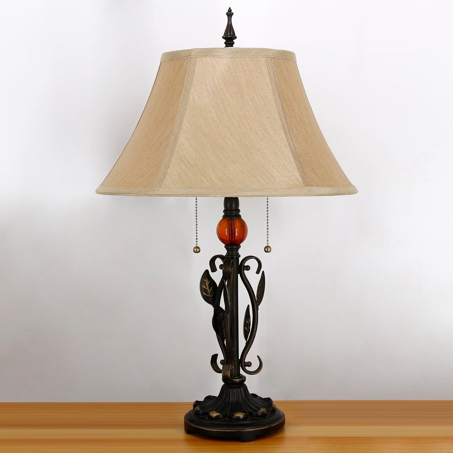 Table Lamp Mid-Century Yellow Fabric Desk Reading Light with Antique Resin Metal Leaf Base 25 Inch Tall Decor for Living Room Office Bedroom