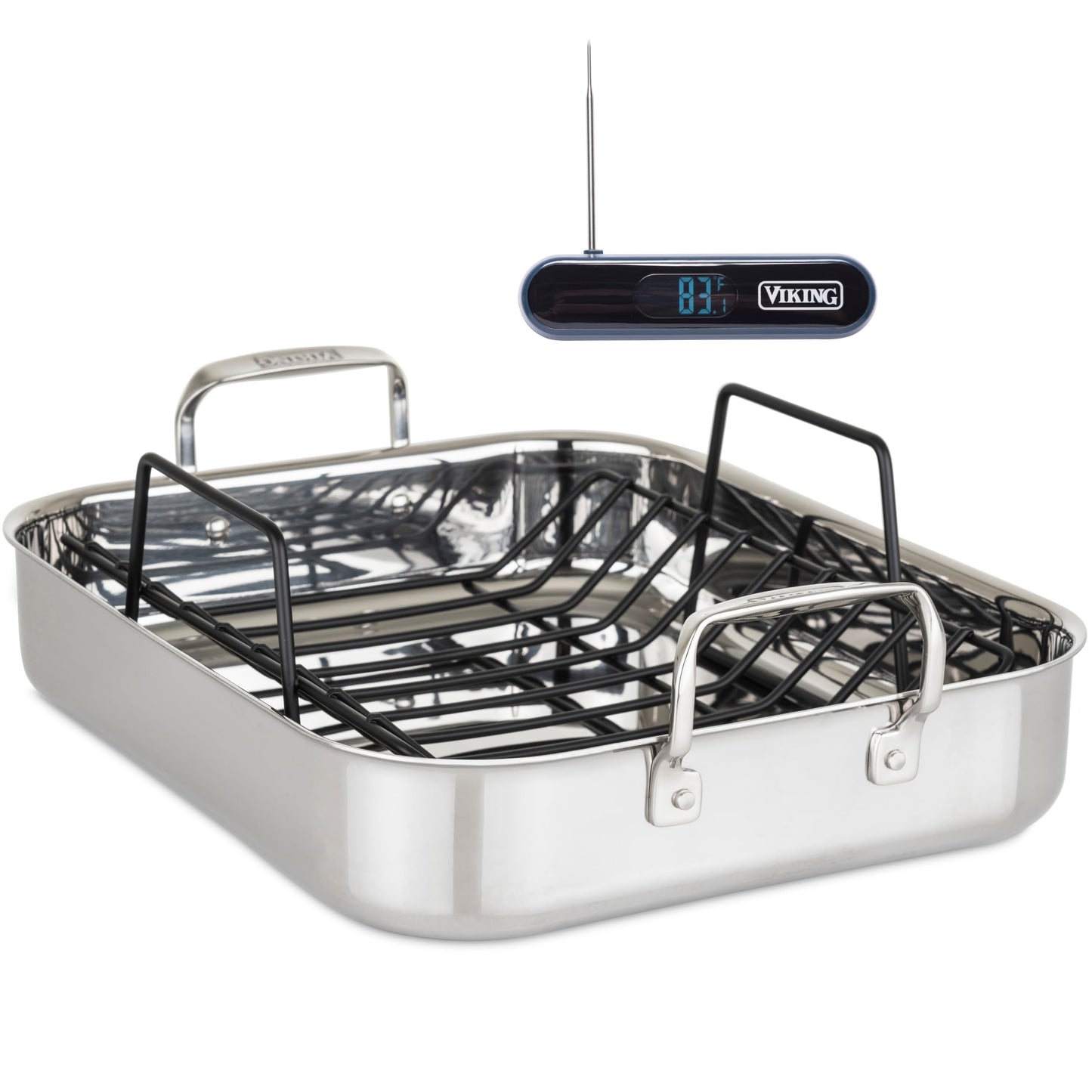 Viking 3-Ply Stainless Steel Roasting Pan with Non Stick Rack, 16 x 13 Inch Kitchen Cookware, Great for Turkey, Includes Probe Thermometer, Dishwasher and Oven Safe, Induction Ready, Silver