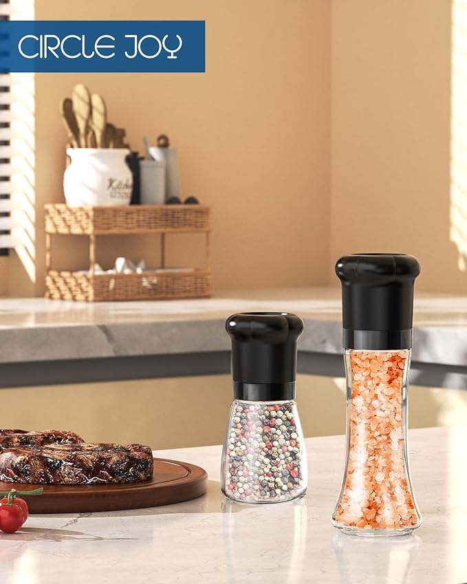 CIRCLE JOY Manual Salt and Pepper Grinder Set For Professional Chef, Refillable Salt and Pepper Shakers with Ceramic Blades, Adjustable Coarseness and BPA-free 180ml Glass Container, Short Black White