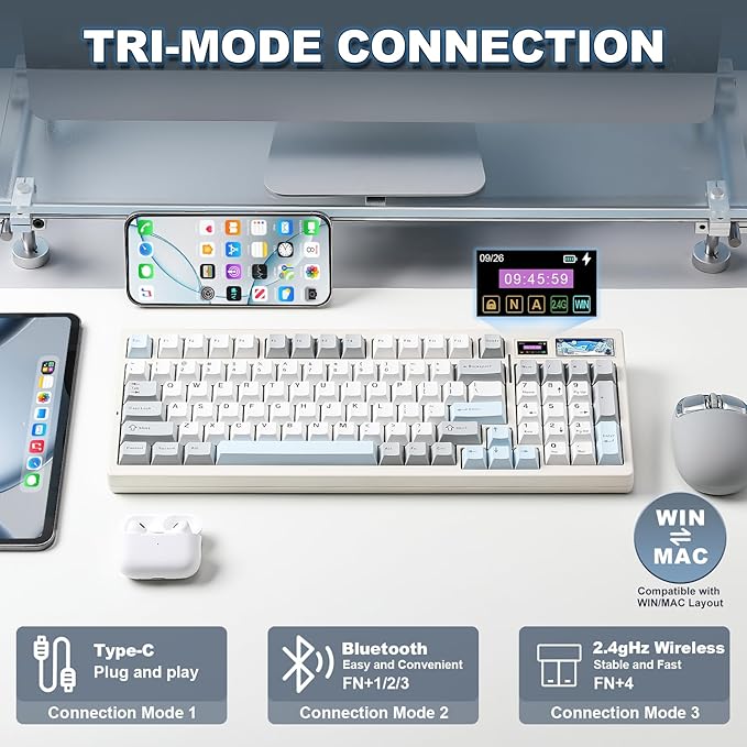 YUNZII IF99 Wireless Mechanical Gaming Keyboard with Smart LCD Display, QMK/VIA Programmable BT/2.4G/USB-C Gasket Mounted Hot Swap RGB 96% Layout for Mac/Win (White, Gateron Zero Switch)