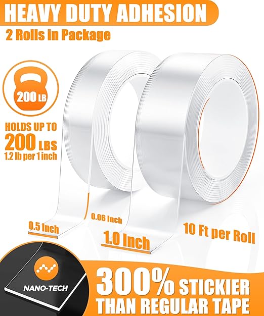 Extra Strong Double Sided Tape Heavy Duty (2 Rolls, Total 20 FT), Clear Removable Two Sided Nano Tape Adhesive, Double Stick Mounting Tape for Poster, Rug, Picture Hanging Strips, Office & Outdoor