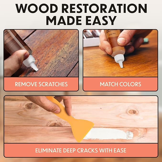 Furniture Repair Kit 50PC - Brushes, Markers, Scraper, Resin Wood Filler, Fillers with Wood Putty, Any Color Wood Combination, Scratch & Molding Repair, Restore Laminate Vinyl Veneer Flooring