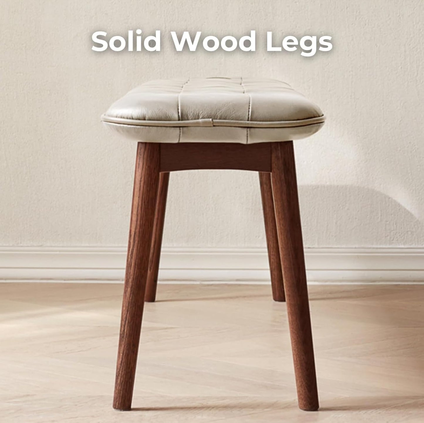 Upholstered Bench, 51.18 in Natural Oak Wood for Dining Table Bench for Living Room with Leather Cushion, End of Bed Footrest Stool Khaki