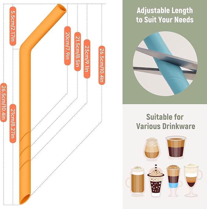 NiHome 6PCS Extra Wide Reusable Bent Silicone Straws for Boba, Smoothies, Bubble Tea, Eco-Friendly Bent Straws for Thick Drinks, Child-Safe, Customizable Length, 2 Brushes Easy Cleaning (Deep Rainbow)