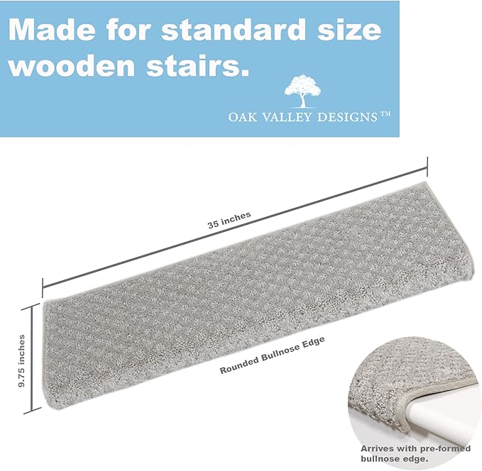 Oak Valley Designs™ Rounded Bullnose Carpet Stair Treads - Anti Slip Indoor Stair Mats for Wooden Stairs, Style: Bayside Charm, Silver Birch 31" W X 9.75" D (Set of 4)