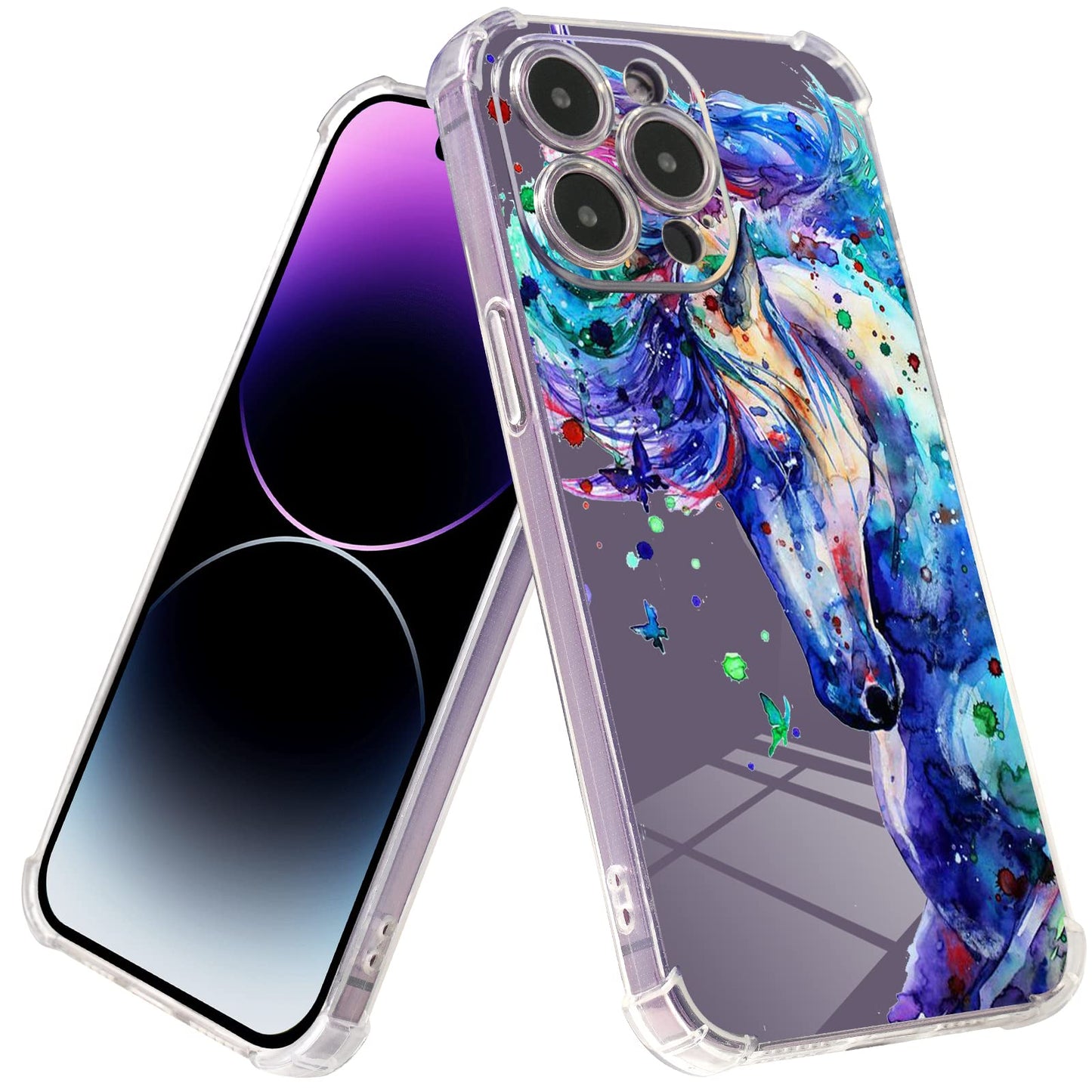 Roemary Purple Case For Iphone 7/8/Se 2020 With Blue Horse Design,Watercolor Pattern With Screen Protector [Buffertech 6.6 Ft Dr