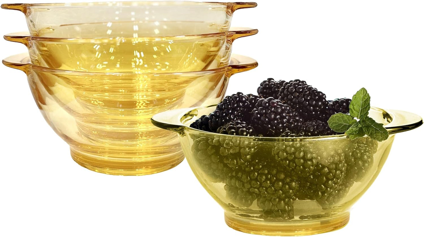 STP GOODS Glass Soup and Salad Bowl with Handles, Cobalt Transparent Glass Eating Plates, Circular Dinnerware for Salad, Bread, Dinner (Yellow 4 pcs)