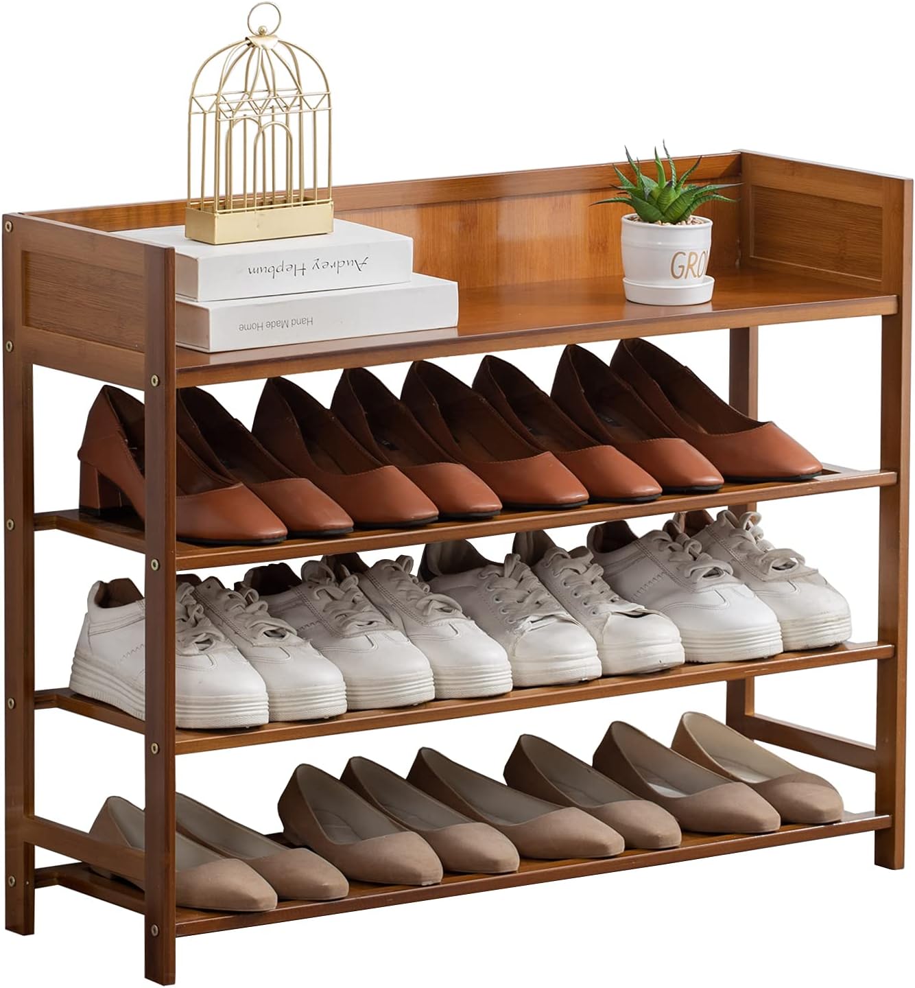 4 Tier Shoe Rack Organizer, 4 Tire Bamboo Stackable Shoe Shelf Storage Organizer, for Entryway, Hallway, and Closet (Brown)
