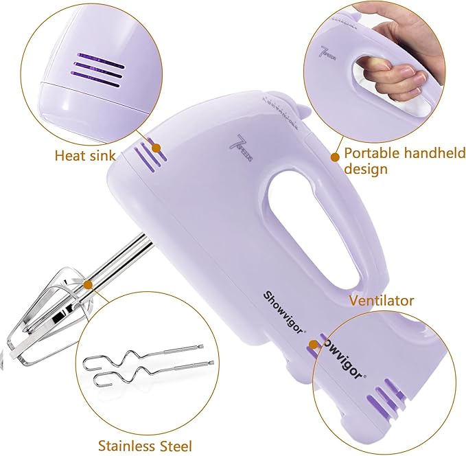 Handmixer Electric Handheld - 7 Speed Portable Kitchen Mixer Electric with 5 Stainless Steel Accessories Whisk, Food Beater for Whipping Mixing Cookies Cakes Eggs, Pueple