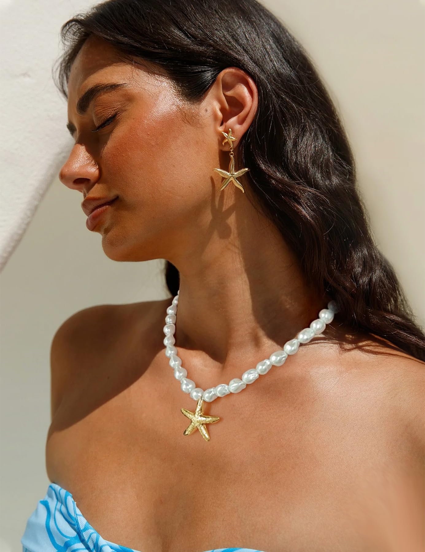 WOWORAMA Pearl Starfish Necklace for Women Gold Shell Starfish Pendant Necklaces Baroque Pearl Choker Necklace Adjustable Summer Beach Seashell Necklaces Jewelry