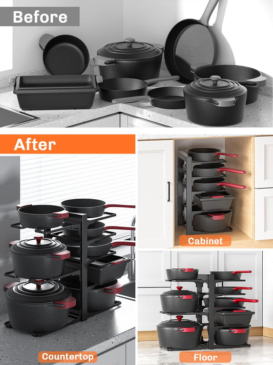 MUDEELA 8-Tier Pots and Pans Organizer under Cabinet, 15.83" Height Heavy Duty Pot Pan Organizer Kitchen Cabinet Organization and Storage, Adjustable Pot Rack for Frying Pan, Cast Iron Skillet, Black