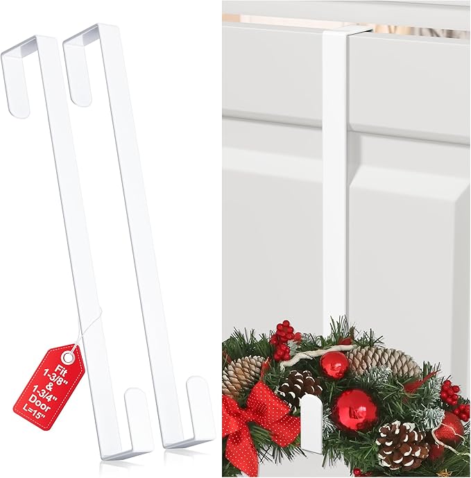 15" Reversible Wreath Hangers for Front Door, Fit Most Doors up to 1-3/4", Heavy Duty Steel Over The Door Hooks Hold up to 80 LBS for Holiday Christmas & Halloween Wreaths, Indoor Decor (White, 2 PCS)