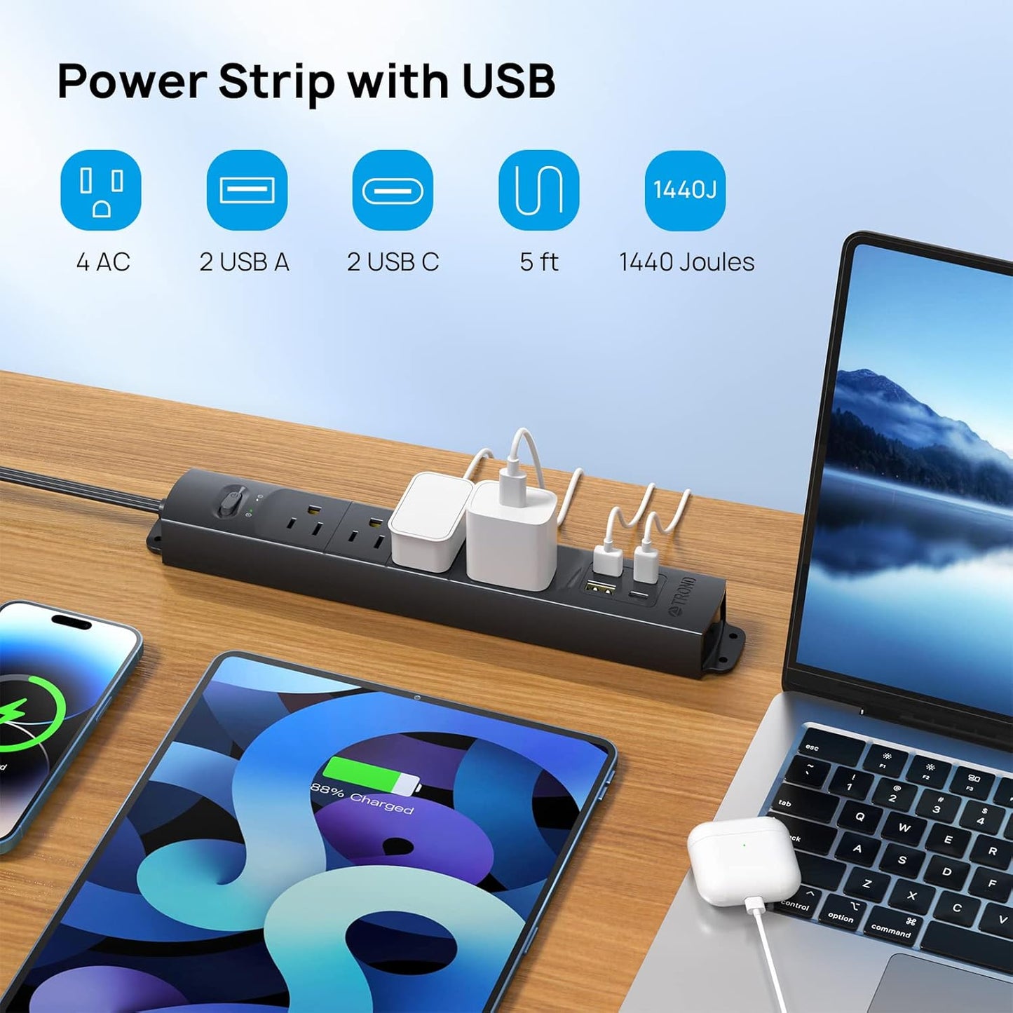 TROND Flat Plug Power Strip USB-5ft Flat Extension Cord Surge Protector Wall Mount, 2 Type C & 2 USB A Ports with Multiple Outlets, 1440J, 1625W for Office Supplies Dorm Room Essentials, Black